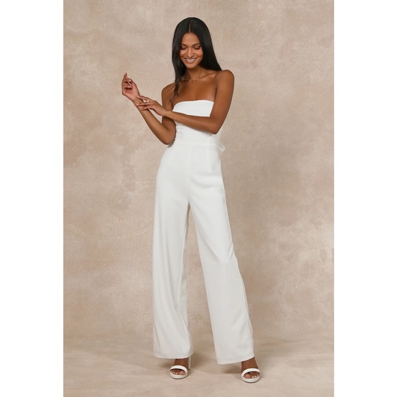 Lulus Marvelous Glow White Strapless Pearl Tie-Back Jumpsuit XL - Picture 4 of 13
